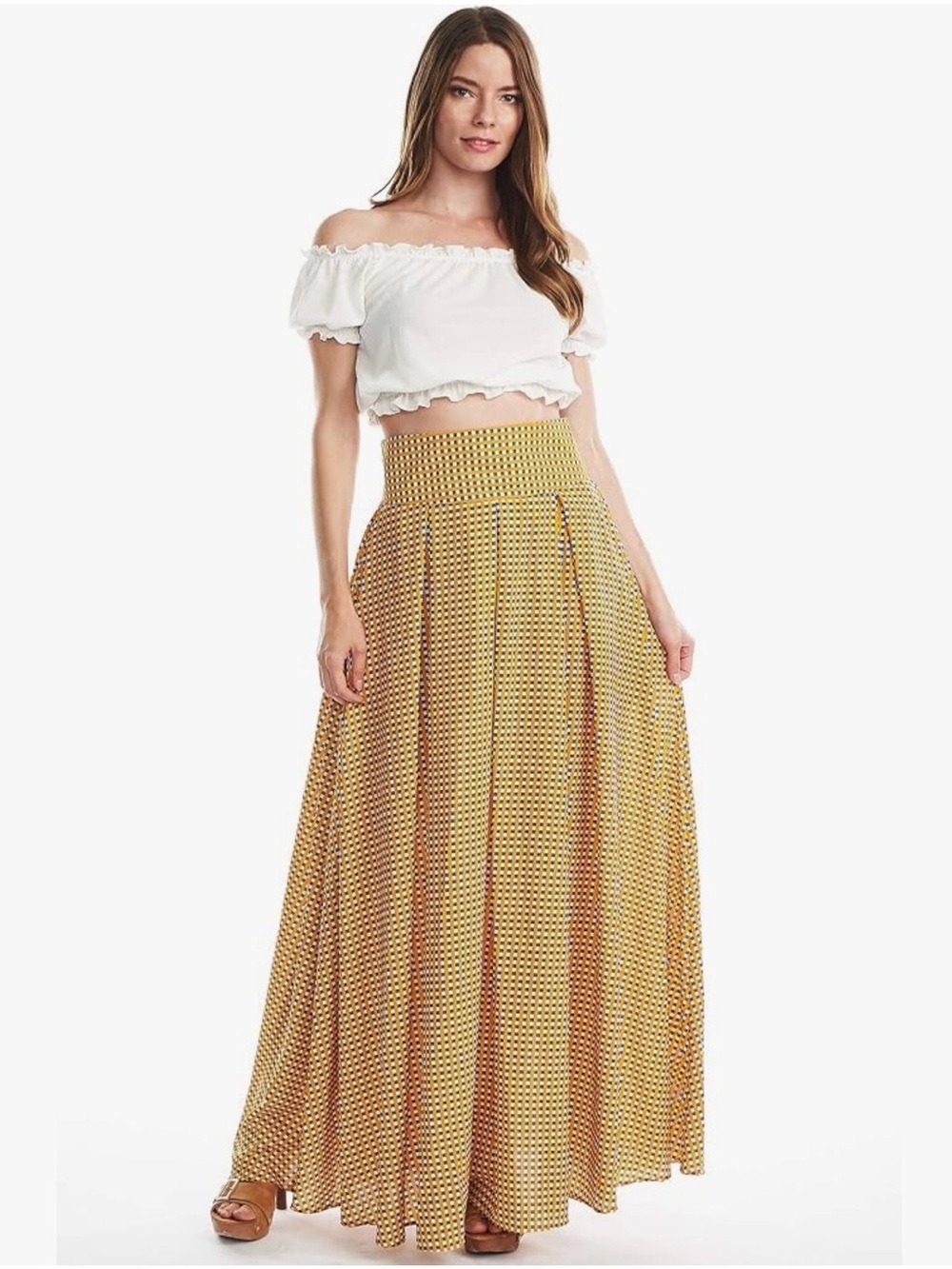TOV Box Pleated Long Checkered Skirt